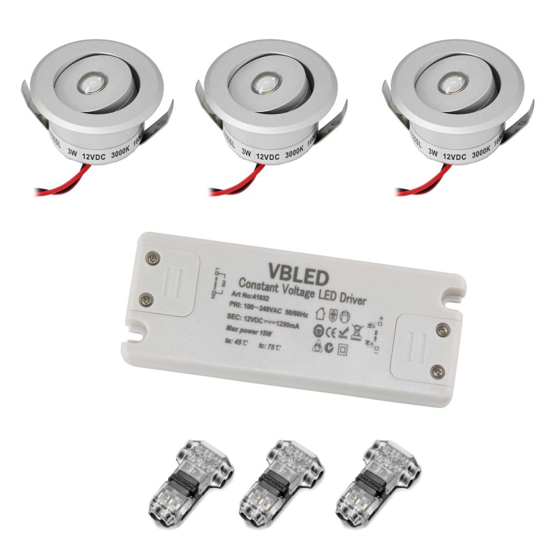Set of 3 3W LED mini recessed spotlights - "OCULOS" Minispot 3000K with power supply Silver Set of 3 3W LED mini recessed spotlights - "OCULOS" Minispot 3000K with power supply Silver