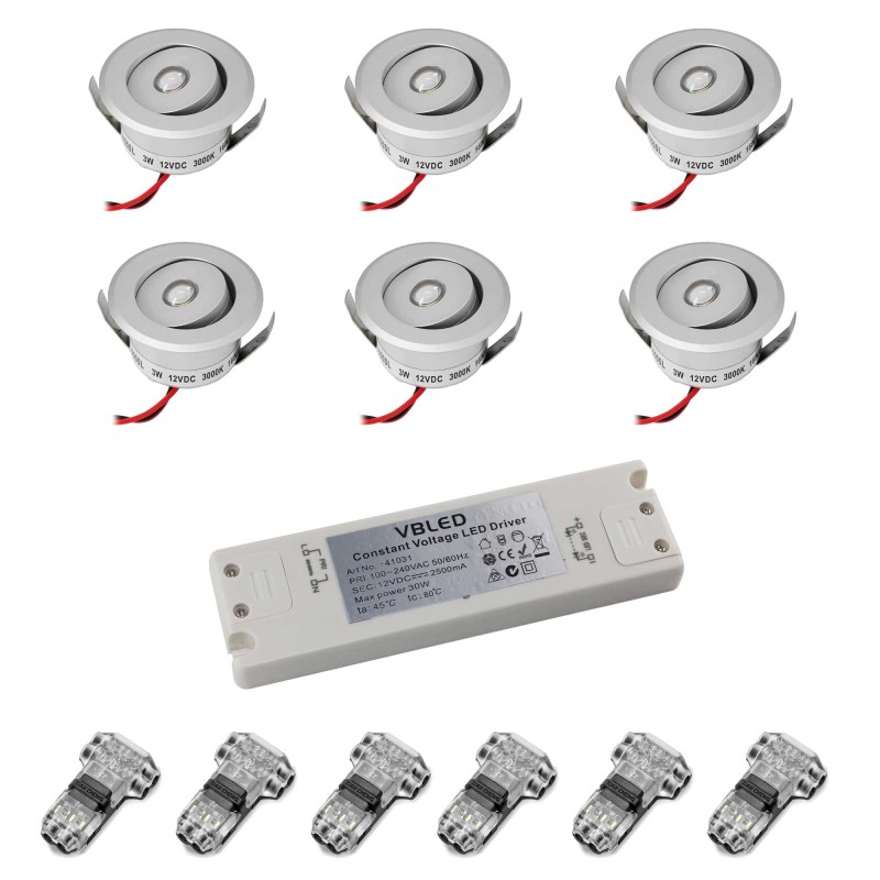Set of 6 3W LED Mini Recessed Spotlights - "OCULOS" Minispot 3000K with Power Supply Silver Set of 6 3W LED Mini Recessed Spotlights - "OCULOS" Minispot 3000K with Power Supply Silver