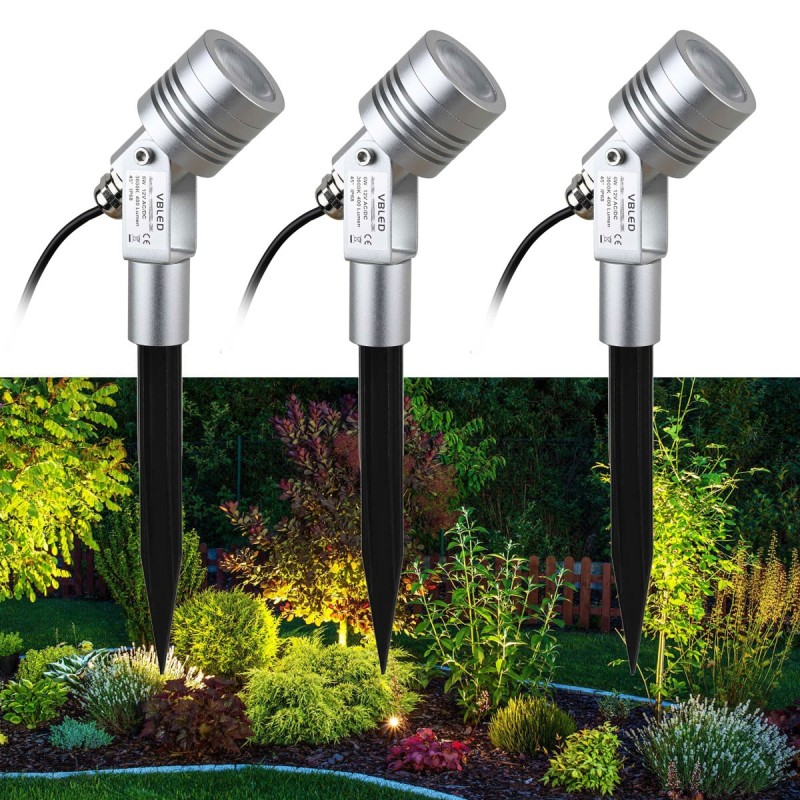Set of 3 6W Garden Light Garden Spotlight Silver 3000K 12V Warm White with Ground Spike and Transformer Set of 3 6W Garden Light Garden Spotlight Silver 3000K 12V Warm White with Ground Spike and Transformer