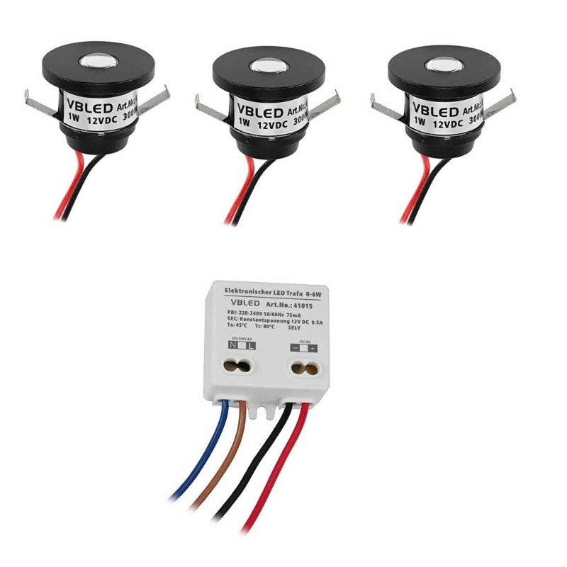 Set of 3 1W VBLED LED mini recessed spotlights "ALDYNE" black - 12VDC - IP65-3000K 60Lumen