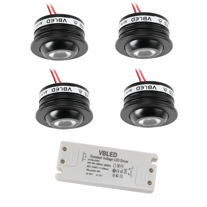 Set of 4 Fisheye 3W LED Spotlight 3000K 12VDC Swivel black with LED transformer Set of 4 Fisheye 3W LED Spotlight 3000K 12VDC Swivel black with LED transformer