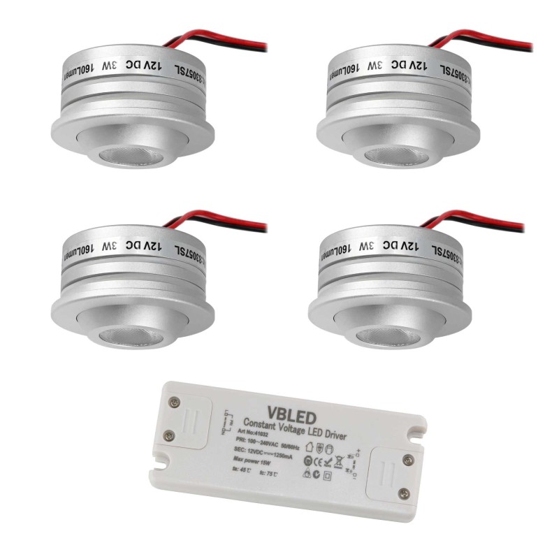 Set of 4 Fisheye 3W LED Spotlight 3000K 12VDC Swivel Silver with LED Transformer Set of 4 Fisheye 3W LED Spotlight 3000K 12VDC Swivel Silver with LED Transformer