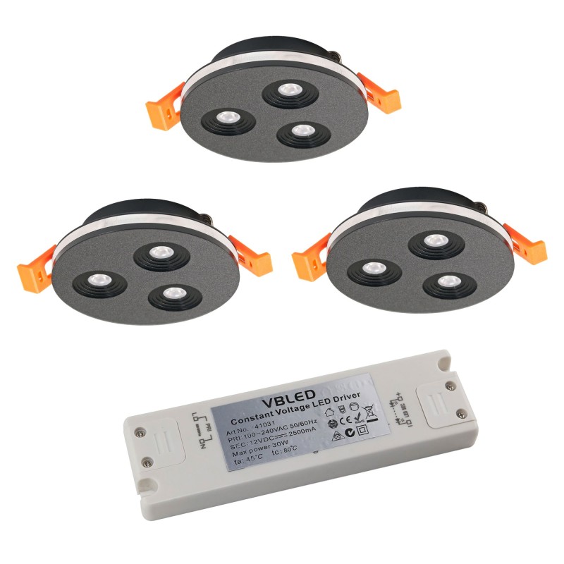 Set of 3 Recessed Luminaires 3X6W Extra Flat Illuminates Front & Side Aluminium 3000K Set of 3 Recessed Luminaires 3X6W Extra Flat Illuminates Front & Side Aluminium 3000K