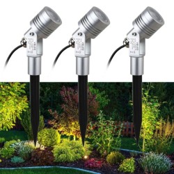 Lot de 3 lampes de jardin 6W Spot de jardin Argent 3000K 12V Blanc Chaud avec piquet de terre et transformateur