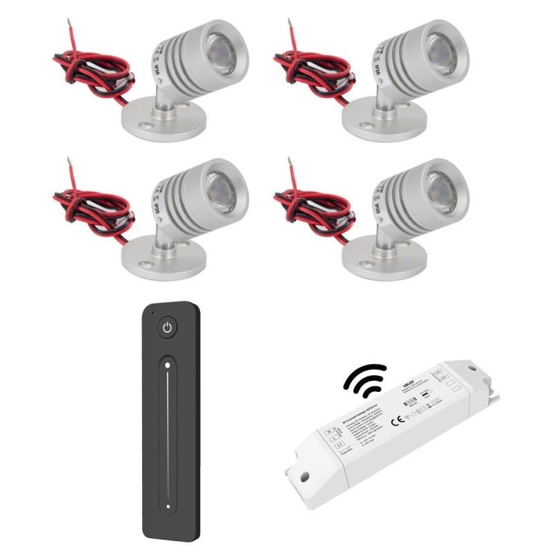 4er Set inalámbrico Mini LED Ceiling Spot 12VDC 3W 3000K "ESKINAR" orientable con transformador LED y mando a distancia 4er Set inalámbrico Mini LED Ceiling Spot 12VDC 3W 3000K "ESKINAR" orientable con transformador LED y mando a distancia