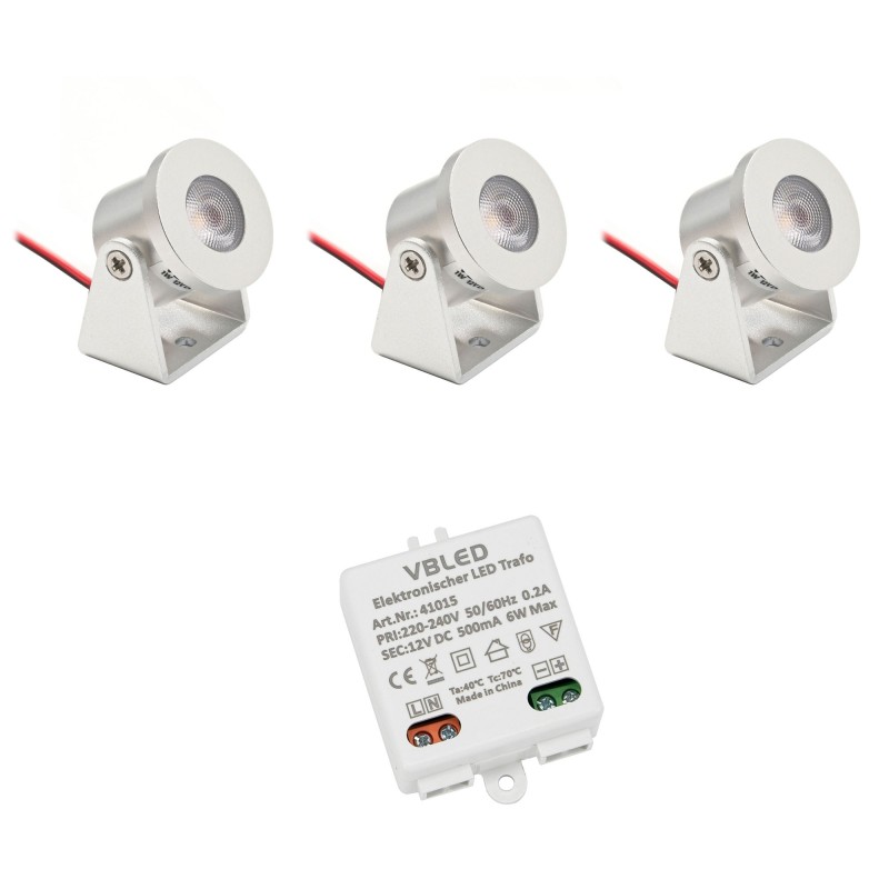Set of 3 1W Mini Surface Mounted Spotlights Rotating & Swivelling 80lm warm white with 6W 12VDC power supply unit Set of 3 1W Mini Surface Mounted Spotlights Rotating & Swivelling 80lm warm white with 6W 12VDC power supply unit