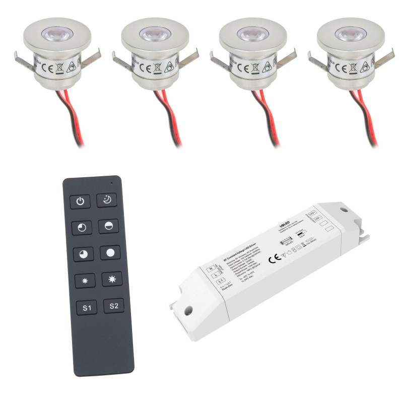 Set of 4 1W LED mini recessed spotlights IP65 warm white with RF radio driver 12V and remote control Set of 4 1W LED mini recessed spotlights IP65 warm white with RF radio driver 12V and remote control