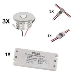3PCS Set of 3W mini recessed spotlight Recessed spotlight warm white 12V DC Incl. LED transformer and connector