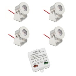 Set of 4 1W mini surface-mounted spotlights rotatable & tiltable 80lm warm white with 6W 12VDC power supply unit