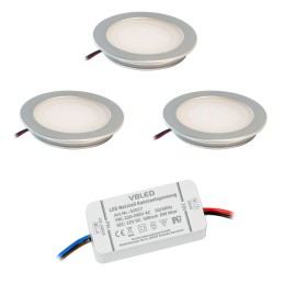 Set of 3 recessed lights Extra flat aluminum silver 3000K with LED power supply unit