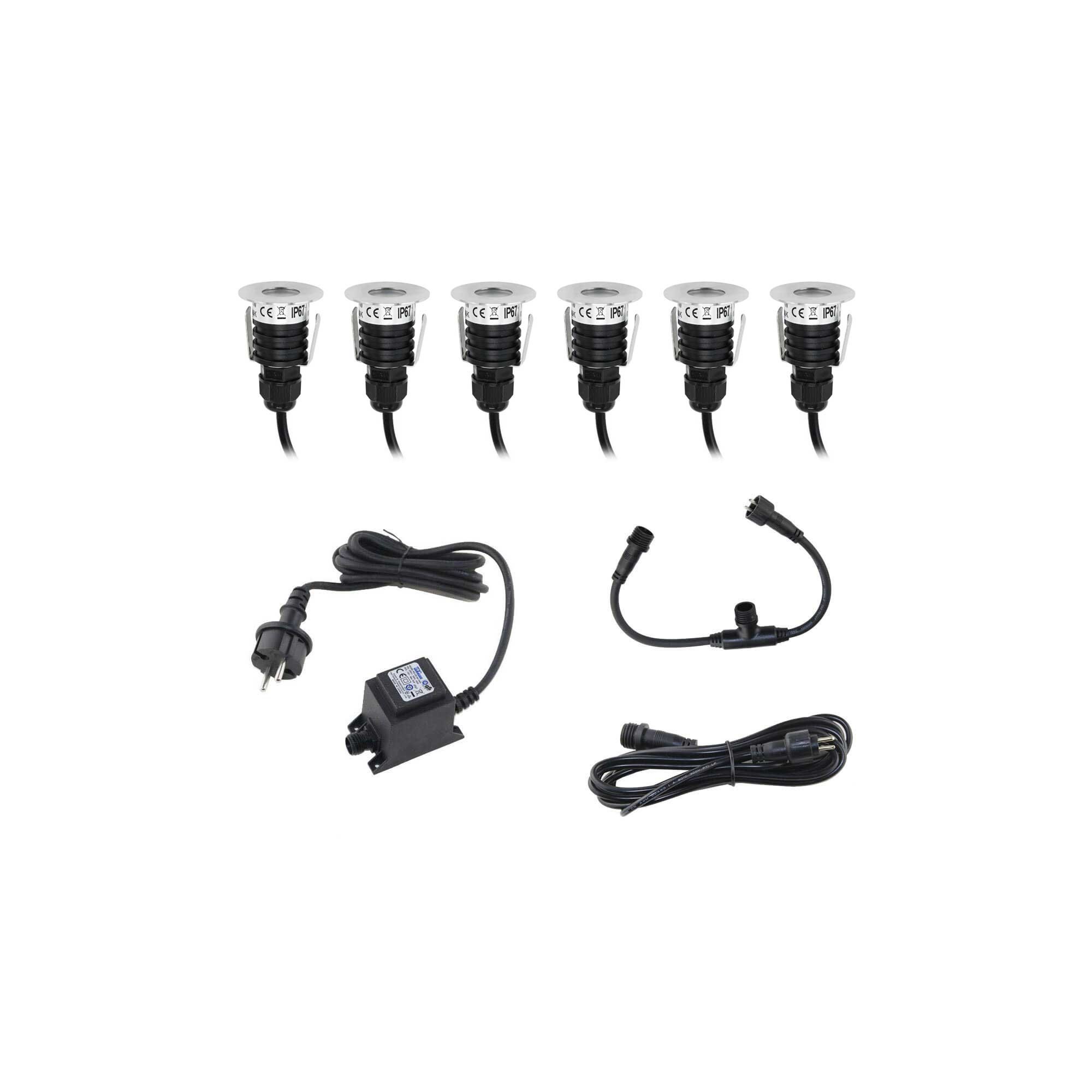 Mini LED recessed floor luminaire 6-piece KIT - Round - incl. transformer & cable