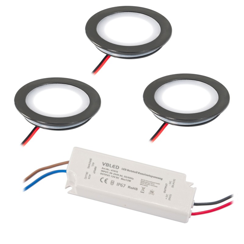 Set of 3 recessed luminaires Extra flat aluminium black 3000K with LED power supply unit Set of 3 recessed luminaires Extra flat aluminium black 3000K with LED power supply unit