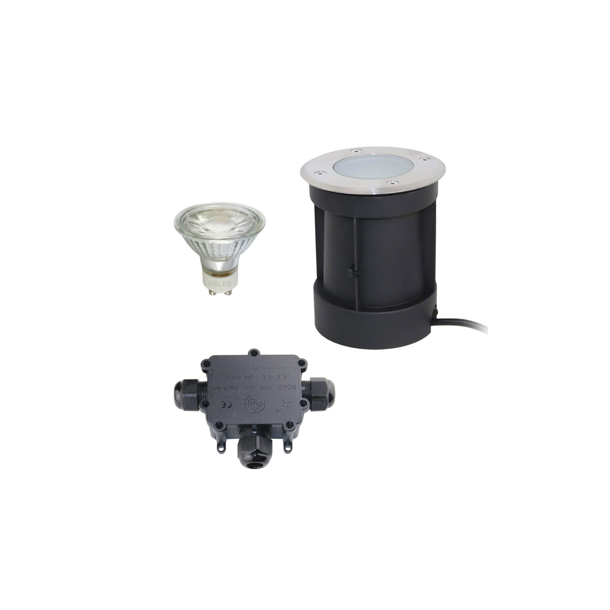 LED recessed floor spotlight with swivelling socket with 5.5W bulb and 3-way cable-connector