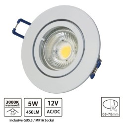 LED Einbaustrahler aus Aluminium / Weiß / rund / 5W LED / GU5.3/ MR16