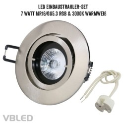 Recessed spotlight set with 7W RGB+W LED illuminant and mounting frame in brushed silver finish round