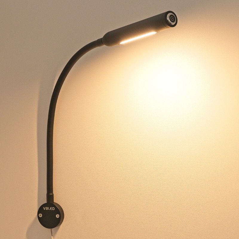 LED 3W Wall Light with 40cm Gooseneck - Dimmable - Black
